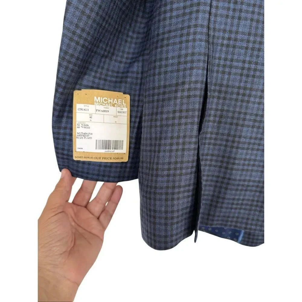 NWT Michael Kors Mens Blue Plaid Wool Silk Blend Blazer Sport Coat Jacket Sz 42